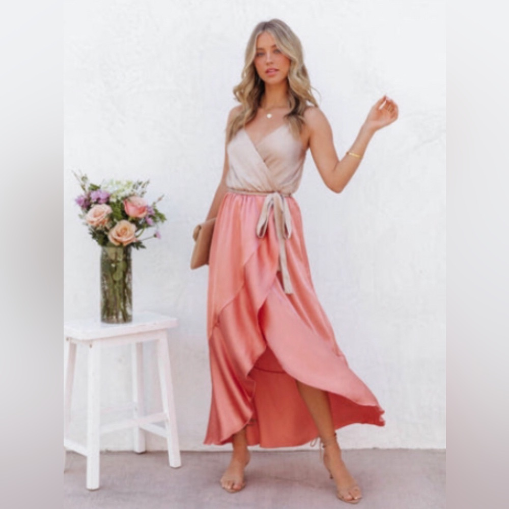 NWOT VICI Ansley Satin Color-block High Low Maxi Dress (Wedding Guest Dress!)